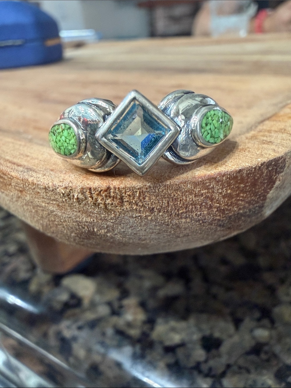 Sterling Silver Ring with Green Stone Accents and Blue Center Gem size 9